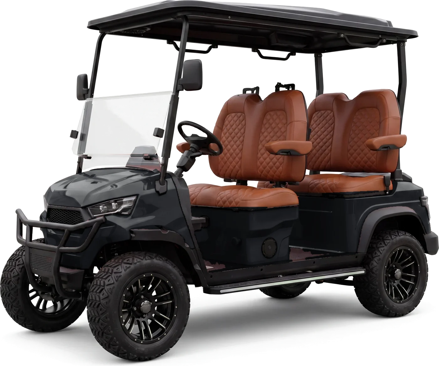 Onyx 4 golf cart in Onyx Black with saddle tan seats